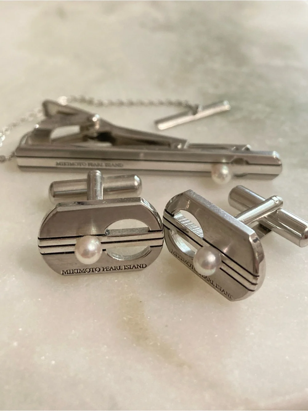 Mikimoto Silver Pearl Cuff Links + Tie Clip Set